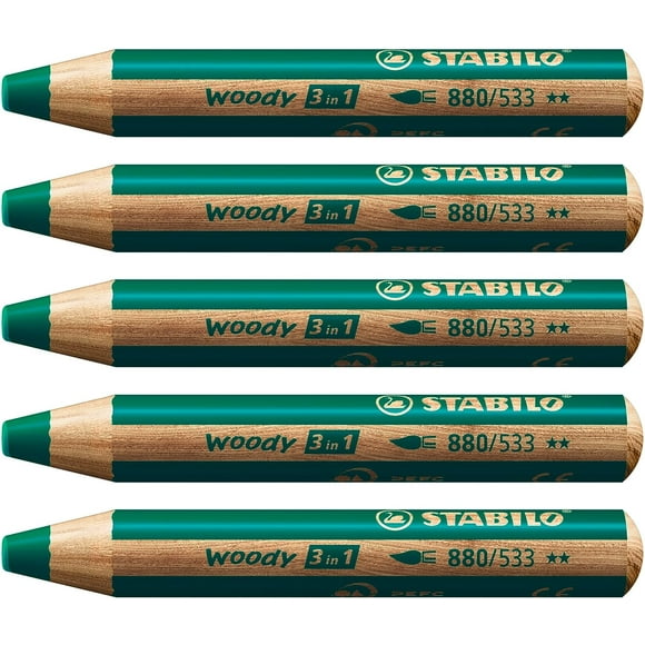 Crayon Multi-Talents - STABILO Woody 3-en-1 - Lot de 5 - Vert Foncé (880/533)