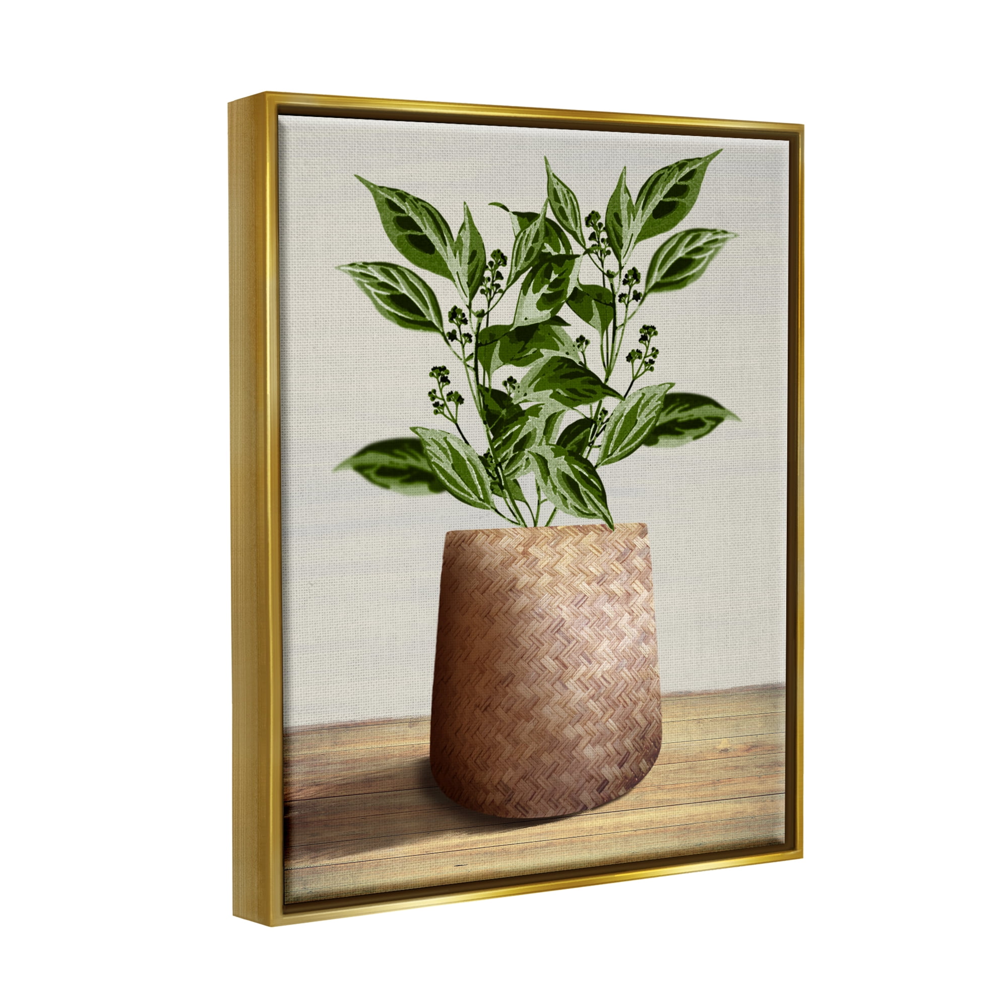 Stupell Industries Plant in Woven Planter Botanical & Floral Painting Gold Floater Framed Canvas Art Print Wall Art, 17 x 21