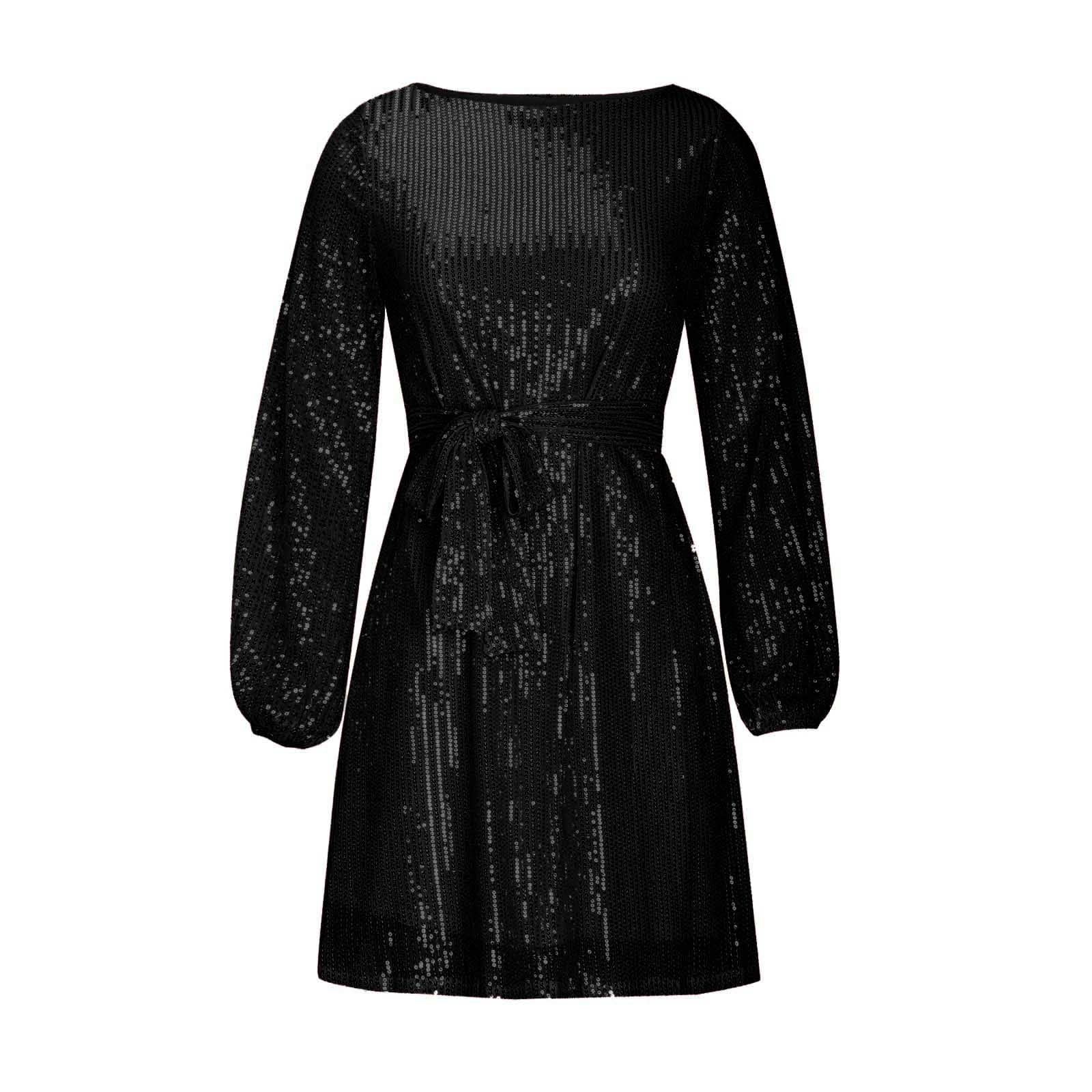 Sequin Dress for Women Long Sleeve Crewneck Evening Dresses Silver Sparkly Mini Short Dress Cocktail Party Prom Formal Dress