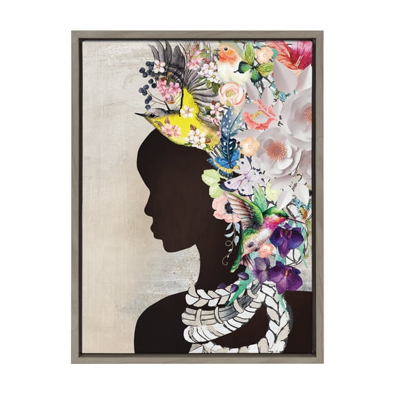 Kate and Laurel Sylvie Natural Woman Framed Canvas Wall Art by Nikki Chu, 18x24 Gray, Decorative Feminine Floral Art for Wall