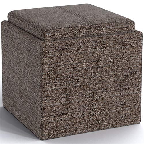 SIMPLIHOME Ottomane de Rangement Carrée en Cube de 17 Pouces de Large en Bois de Roche avec Plateau en Tissu Tweed Brun Vison, Repose-Pieds Tabouret, Table Basse pour le Salon, la Chambre et la Chambre d'Enfant, Contemporain