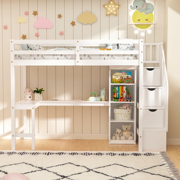 Twin Size Loft Bed with L-Shaped Desk & LED Lights & Charging Station, Solid Wood Loft Bed Frame with Storage and Stairs, Heavy Duty Loft Bed for Kids, White