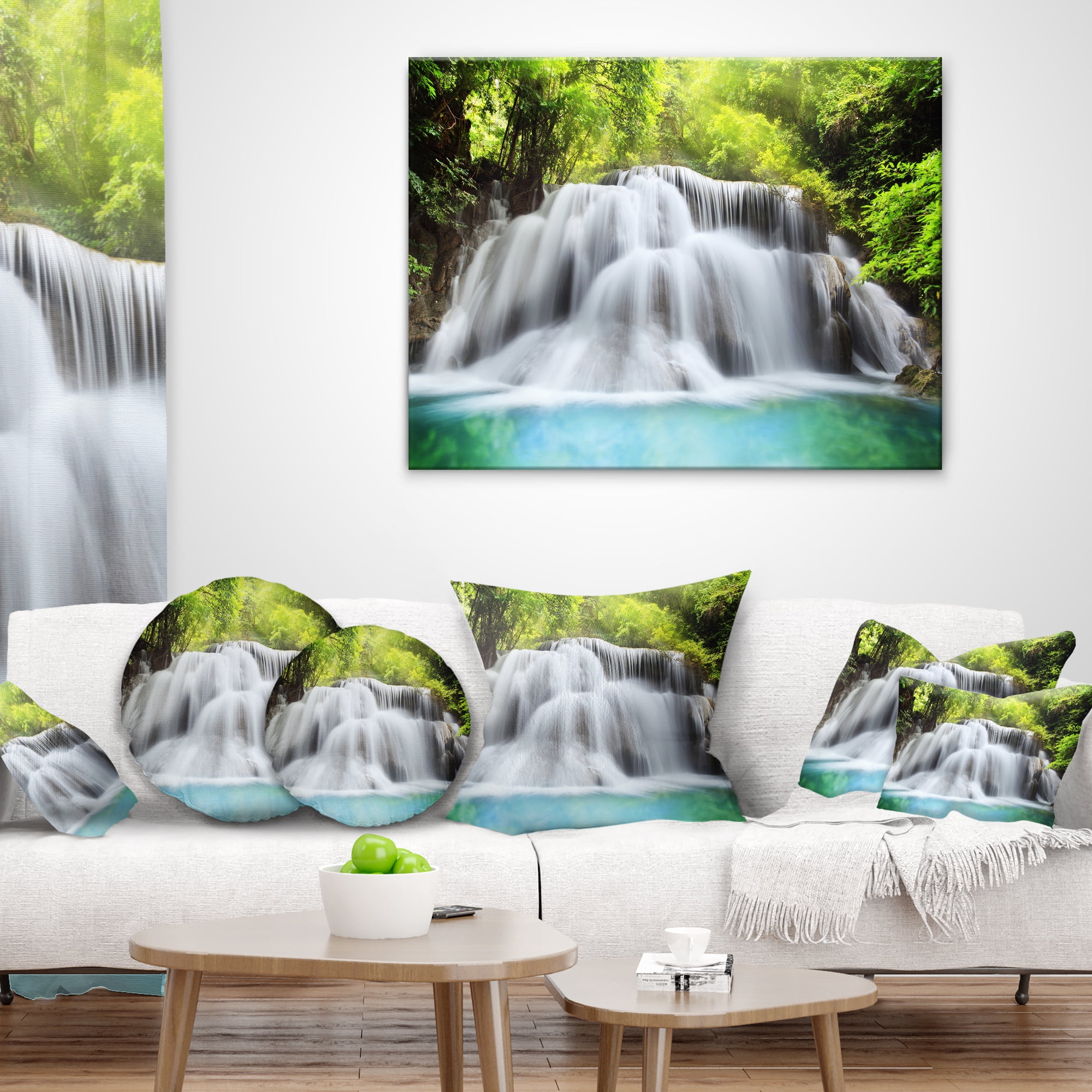 Designart Huai Mae Kamin Waterfall - Landscape Printed Throw Pillow - 16x16