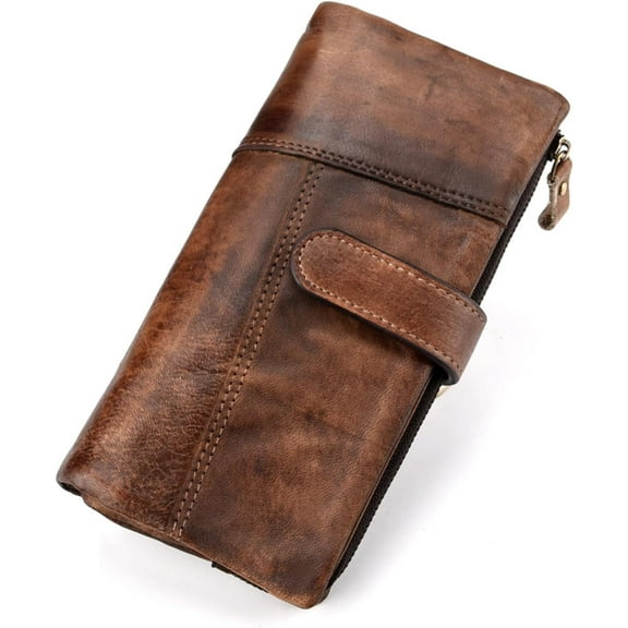 Genuine Leather Long Wallet for Women Vintage Checkbook Wallets with RFID Blocking Card Holder (Coffee color)