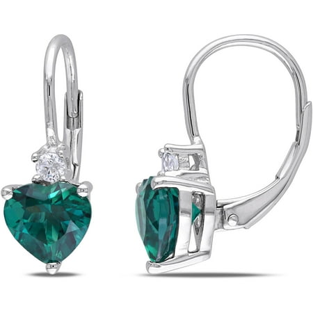 2-1/5 Carat T.G.W. Created Emerald and Created White Sapphire Sterling Silver Heart Leverback Earrings