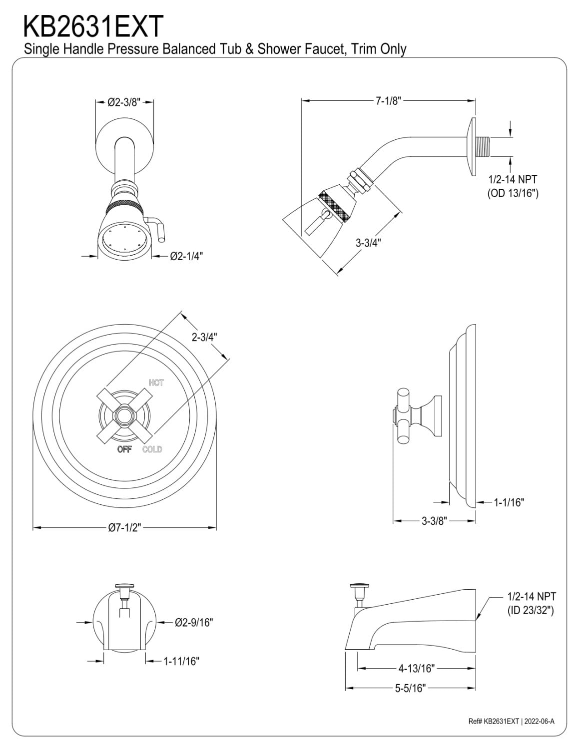 Kingston Brass KB2631EXT Tub and Shower Trim Only, Polished Chrome