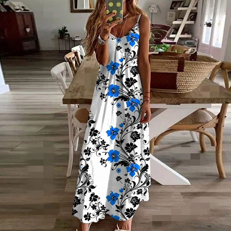 Uaswgudfs Sleeveless Midi Sundress - Casual Summer Dress for Women 2025  with V-Neck & Lightweight Flow Blue-F 2XL - Walmart.com