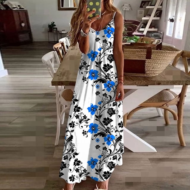 LSLJS Robes d'Été pour Femmes Imprimé Sans Manches Col Rond Robe Décontractée, Robes de Plage d'Été