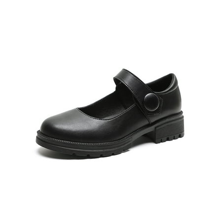 

Kesitin Girls Casual Lightweight Chunky Mary Jane Women School Non-slip Pumps Magic Tape Low Top Leather Shoes Black 5.5