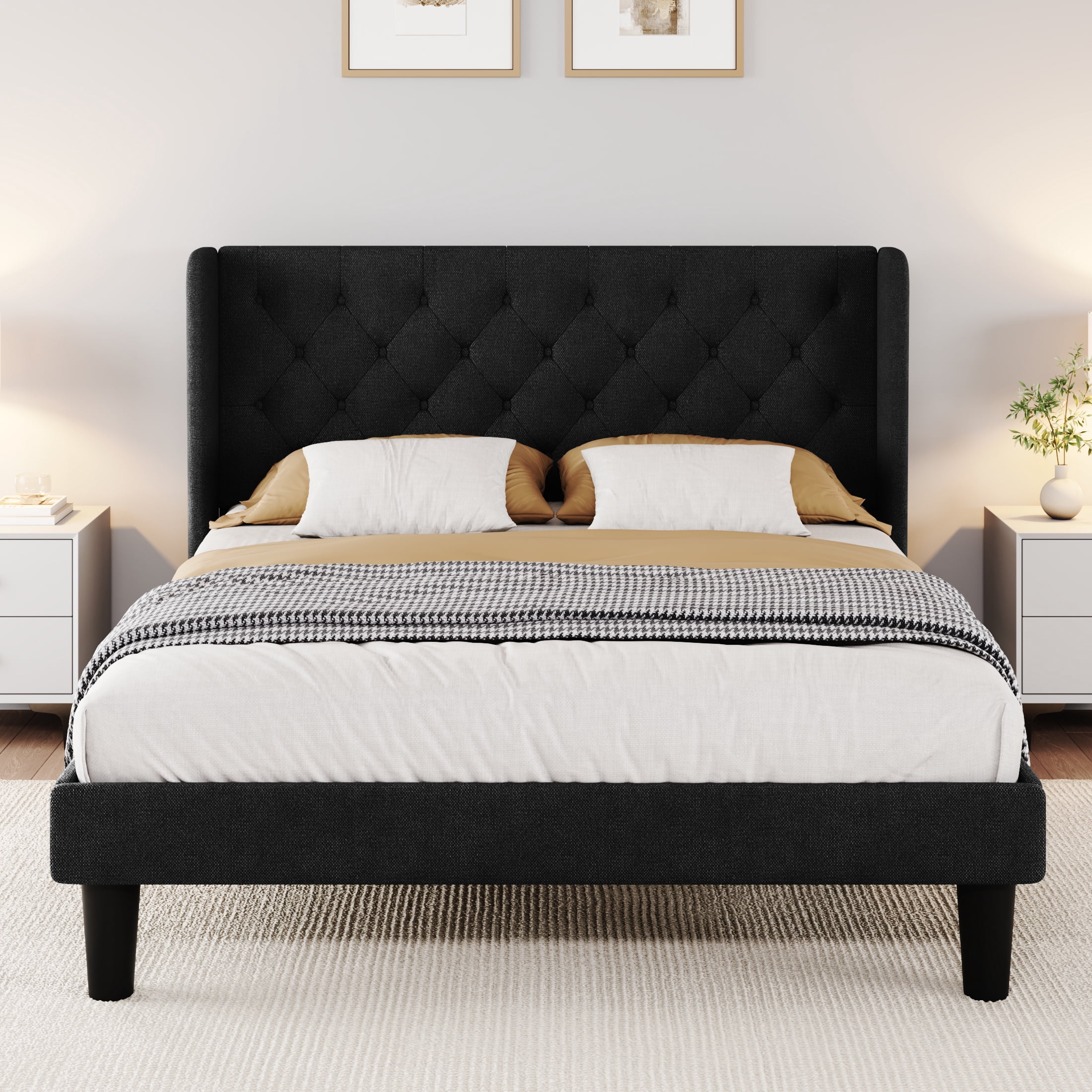 SHA CERLIN Queen Size Platform Bed Frame with Fabric Wingback&Tufted Upholstered Headboard, Black