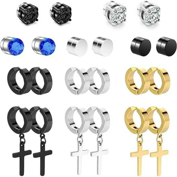 11 Pairs Magnetic Non-Pierced Earrings - Black Cross Hoop Dangle Clips - Hypoallergenic Stainless Steel for Women Men Daily Wear