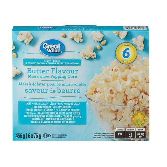 Great Value Reduced Sodium Light Butter Flavour Microwave Popcorn, 456 g (6 bags x 76 g)
