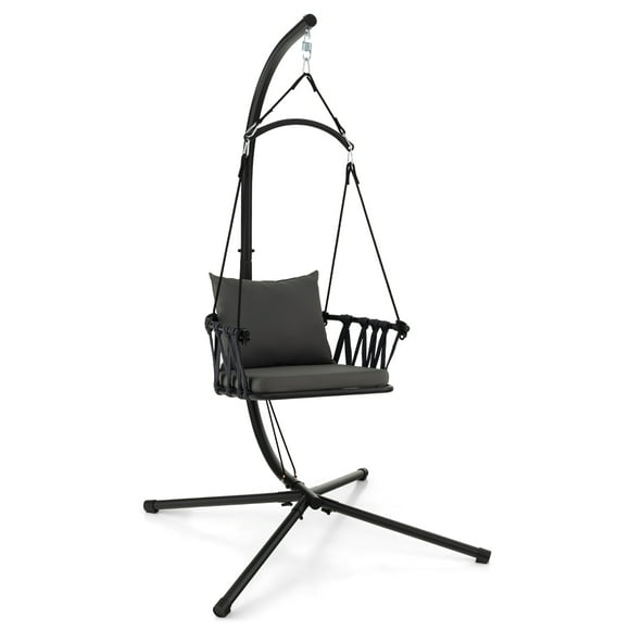 Gymax Swing Chair w/ Stand Patio Hanging Swing Chair w/ Comfortable Seat & Back Cushions