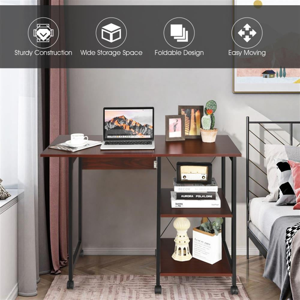 Demi Bonn Folding Writing Office Desk with Storage Shelves, Small Home Computer Desk Study Gaming Table, Brown