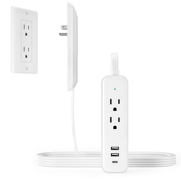 Regleta OKCHILD con cable plano de 1.5 m, 2 tomas AC y 3 puertos USB