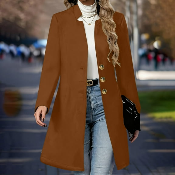 BRGZLK Womens Coats Solid Color Stand Collar Single Breasted Wool Blend Peacoats Casual Fashion Long Style Overcoat with Pockets for Fall Winter Brown XXL