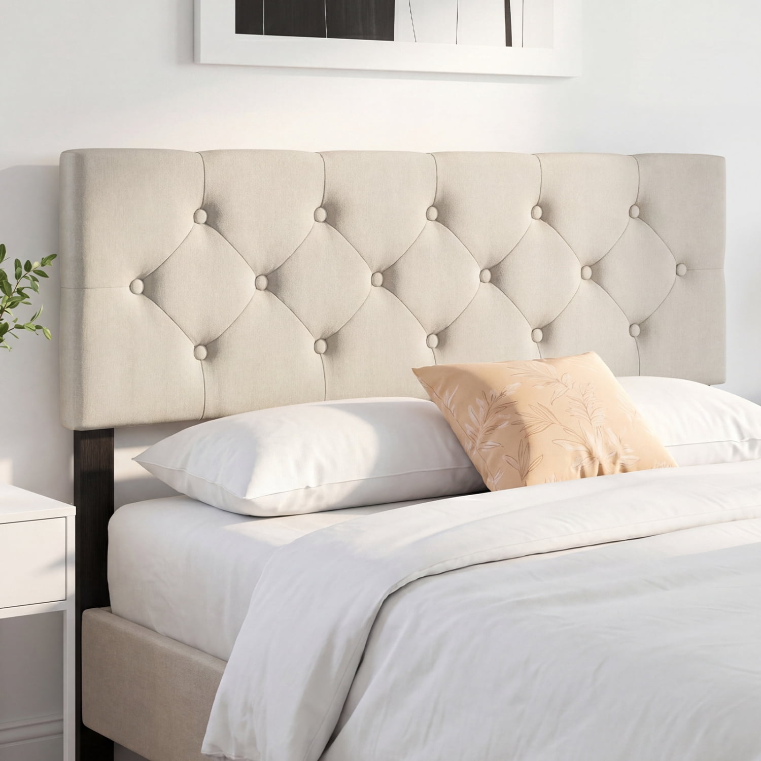 Furnibear Upholstered Tufted Linen Headboard Panel for Queen Size Beds with Adjustable Legs for Bedroom and Guest Room, Beige
