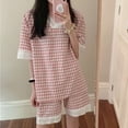 thumbnail image 3 of Pijamas de verano para mujer, conjunto de 2 piezas de encaje con cuello en V y manga corta a cuadros, ropa de dormir informal holgada de servicio a domicilio, 3 of 4