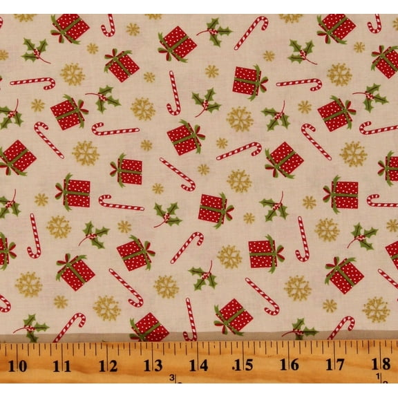 Cotton Holly Jolly Christmas Presents Gifts Metallic Gold Snowflakes Candy Canes Cream Cotton Fabric Print by the Yard (109104)