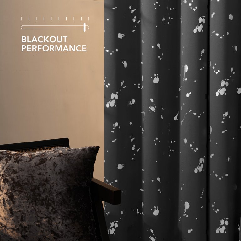 Deconovo Blackout Curtains for Bedroom, Silver Dots Printed Pattern (52W x  95L inch, Black, 2 Panels) 