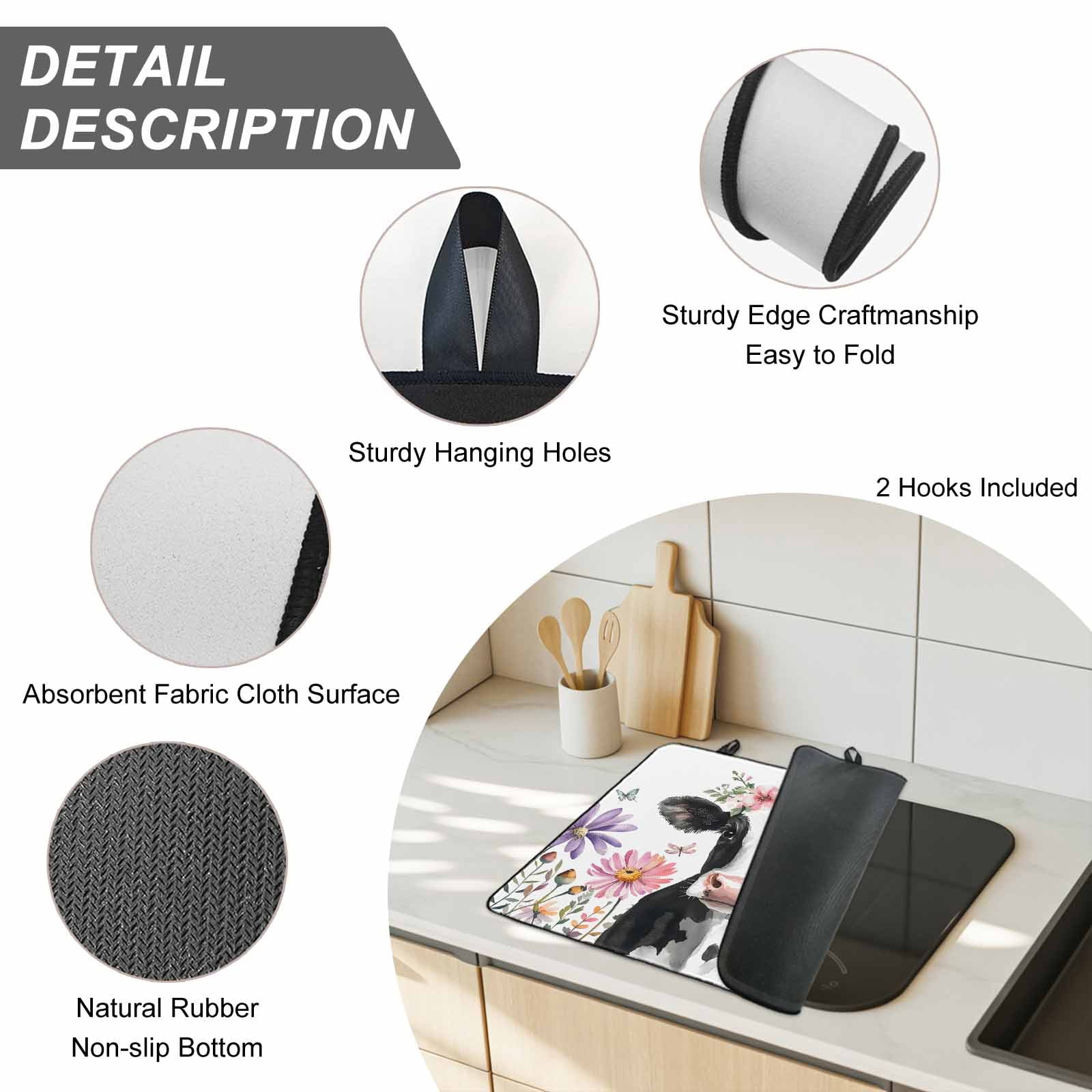 Flowers Cow Stove Top Cover for Electric Stove, Heat-proof & Non Slip Glass Top Stove Cover Protector, Spring Botanical Floral Plants Butterfly Kitchen Flat Cooktop Rubber Mat 24x21 Inches