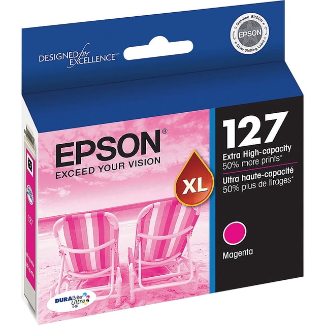 epson (127) stylus nx530/nx625 cartucho Magenta para impresora, empaque frontal con imagen rosa de playa, insignia XL y número 127 que indica alta capacidad.