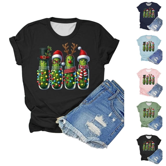 Christmas Shirts for Women Short Sleeve Crewneck Casual Funny Pickles Graphic T Shirts Xmas Holiday Tops
