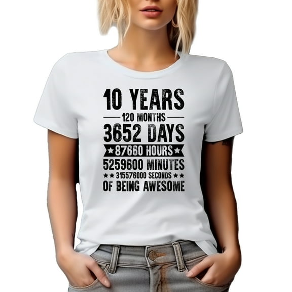 10 Years of Being Awesome, Anniversary Celebration, White T-Shirt, Small