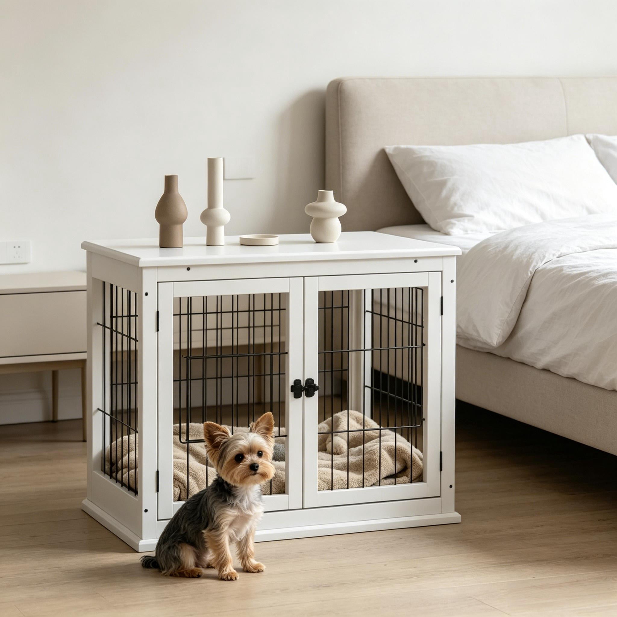 2-in-1 Dog Crate End Table, Furniture-Style Puppy Kennel with Double Entrances & Lockable Doors, Sturdy MDF Frame, for Small & Medium Dogs Up to 44 lbs