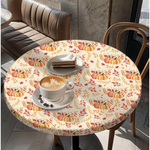 Housse de Table Ronde pour Tables Rondes 36 Pouces-70 Pouces, Nappe Ajustée avec Élastique pour Fête Intérieure Extérieure Vacances, 60 Pouces, Citrouille