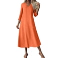 thumbnail image 4 of Wyobmus Summer Casual Dresses for Women 3/4 Sleeve Linen Midi Dress Flowy Solid Color Round Neck T-Shirt Dress Orange, 4 of 9