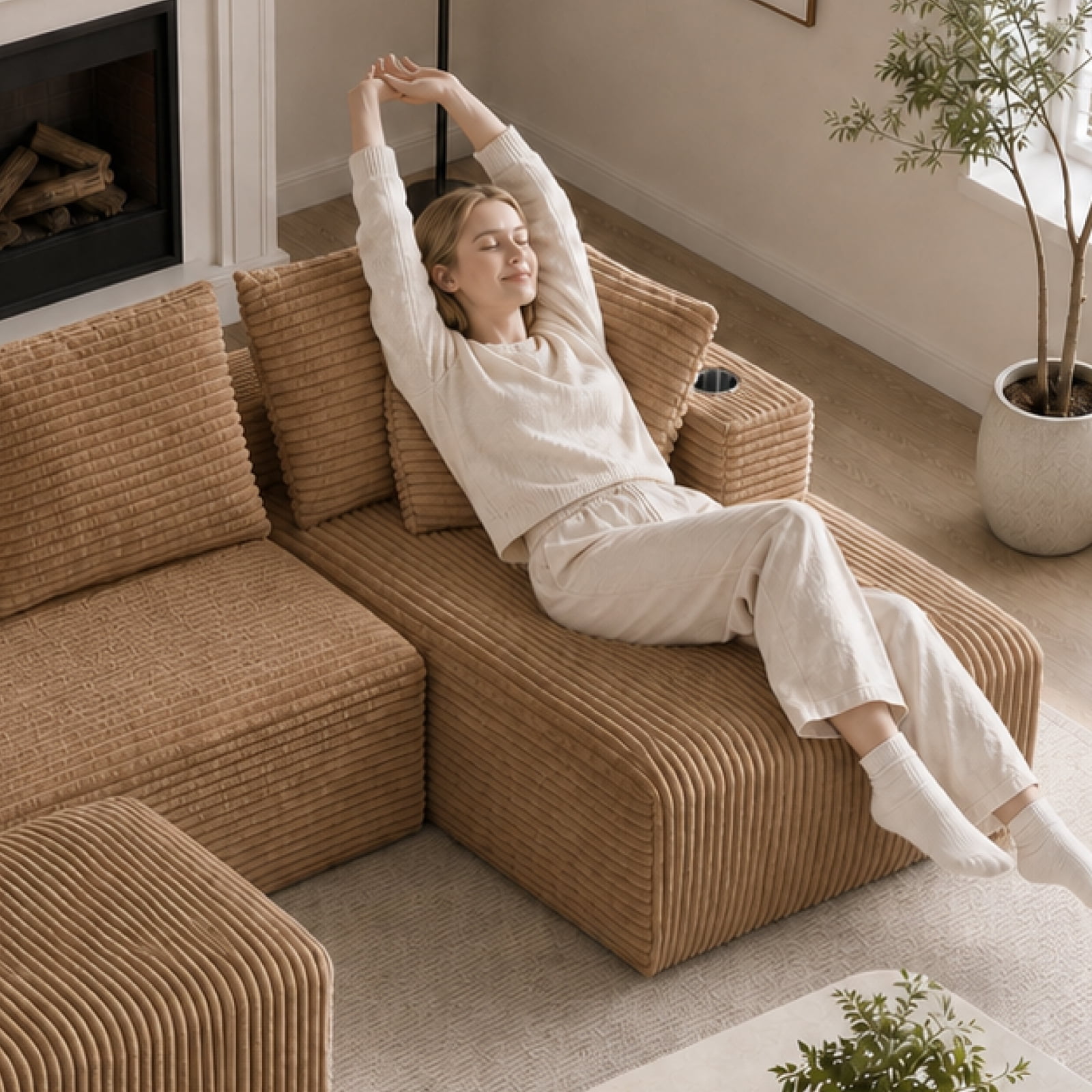 95'' 4 Seater Boneless L Shape Modular Sofa Couch with 4 Pillows, 2 Cup Holders and Ottoman