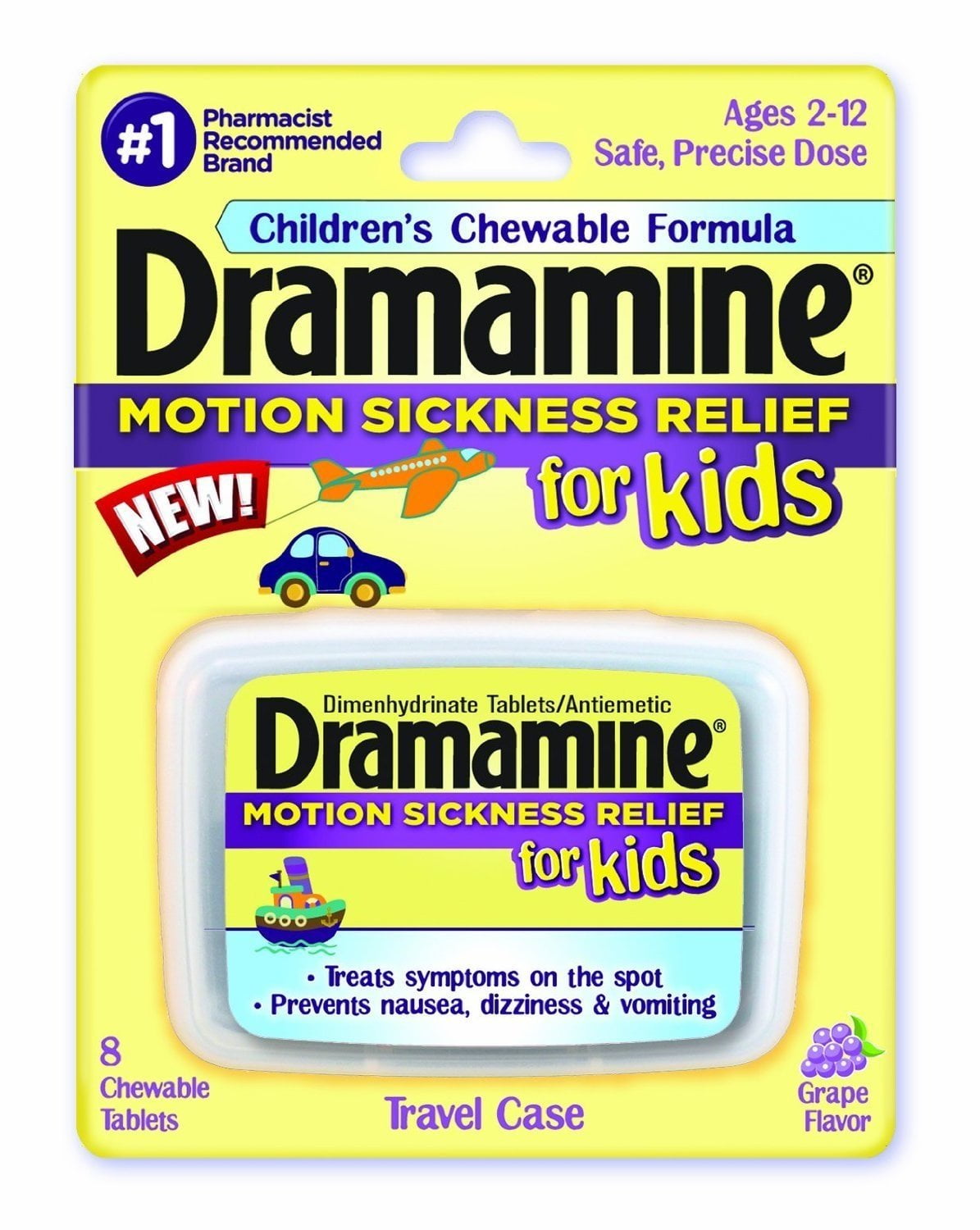 Dramamine Motion Sickness Relief for Kids Travel Case, Grape, 8 ct, 4-Pack