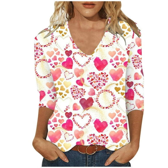 VALMASS Valentine's Day 3/4 Sleeve V Neck Shirts Women Casual Cute Heart Print Tee Plus Size Pullover Tops (L, White)