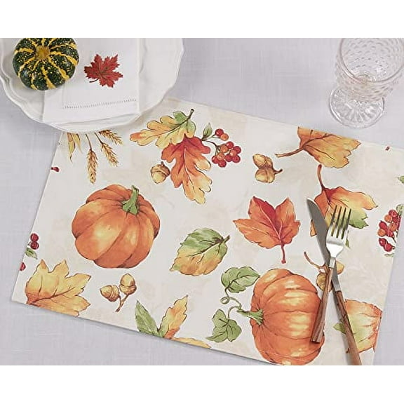 Fennco Styles Fall Leaves Pumpkins Harvest Placemats 13" W x 19" L, Set of 4 – Orange Table Mats for Thanksgiving, Seasonal Décor, Banquet, Family Gathering and Special Events