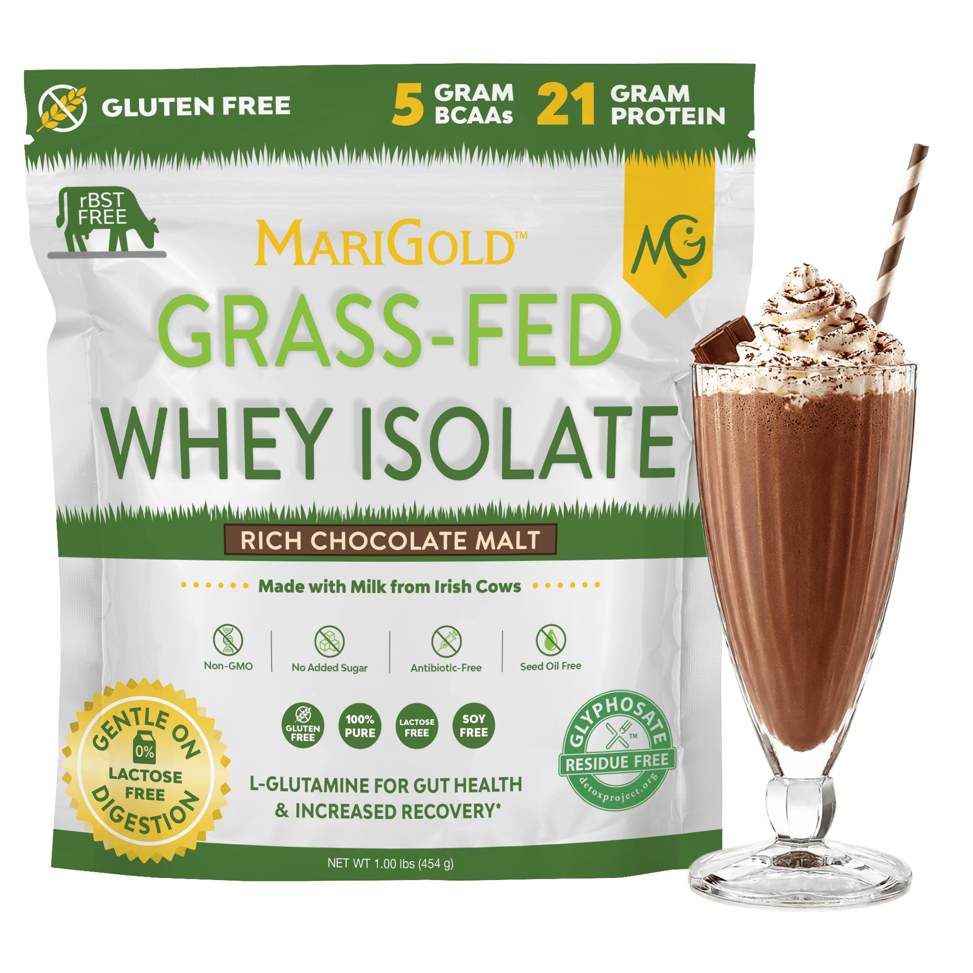 MariGold Grass-Fed Whey Isolate Protein Powder Rich Chocolate Malt 1LB - Cold Processed, Undenatured, Non-GMO, rBGH Free, Soy Free, Gluten Free
