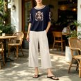 thumbnail image 6 of IUYRTFE Women's Embroidered Short Sleeve Top and Cropped Pants Set with Pockets Cotton Linen Blend Casual Two Piece Outfit, 6 of 7