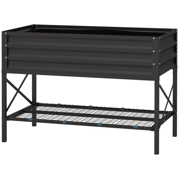 Black Galvanized Steel Raised Garden Bed with Shelf & Liner 37 Gallon Elevated Planter 30" Height for Outdoor Gardening