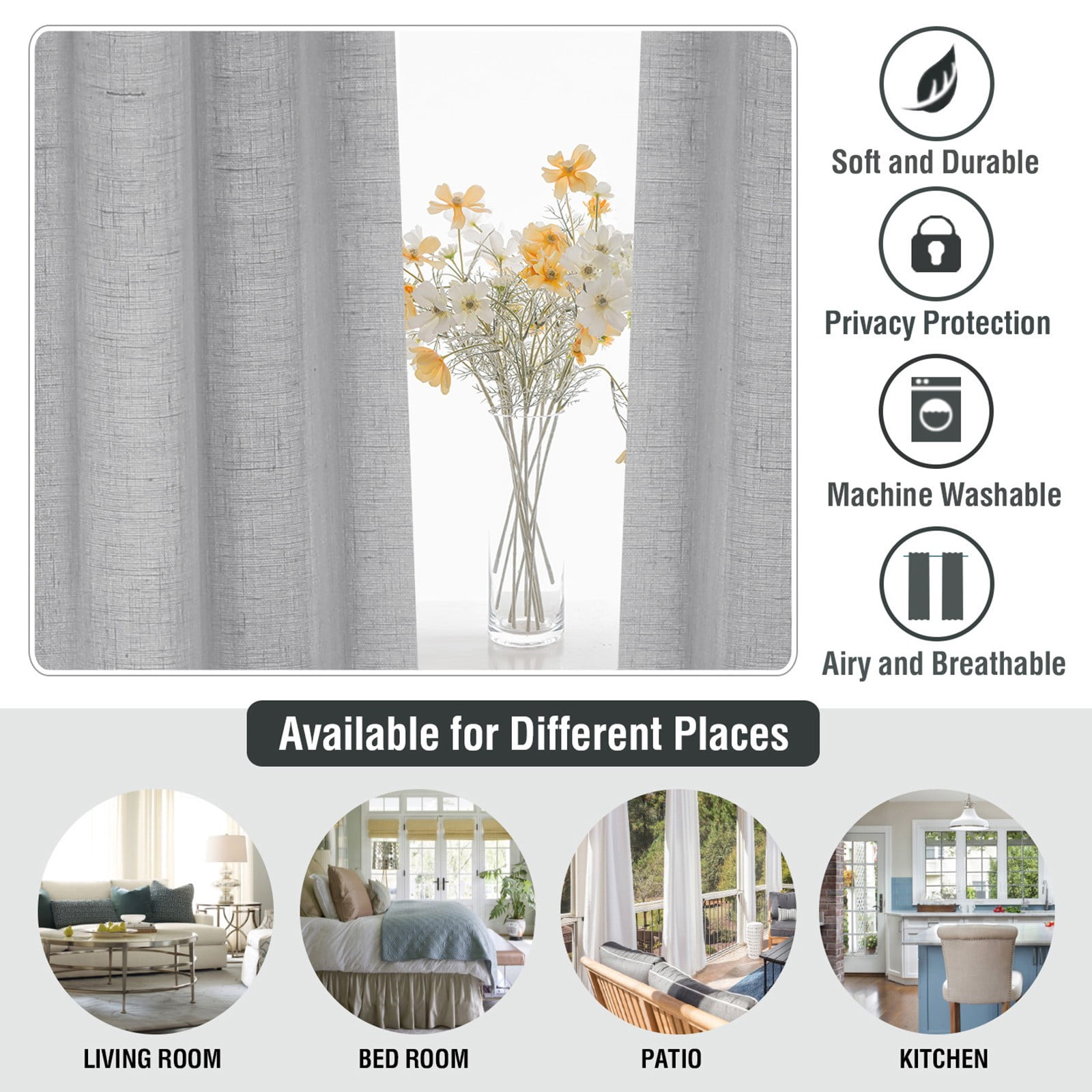 Linen Sheer Curtains 52X63 Inches, Semi Sheer Light Filtering Curtain Panels with Natural Linen Blend, Privacy Drapes for Living Room Bedroom with Grommets, 2 Curtains