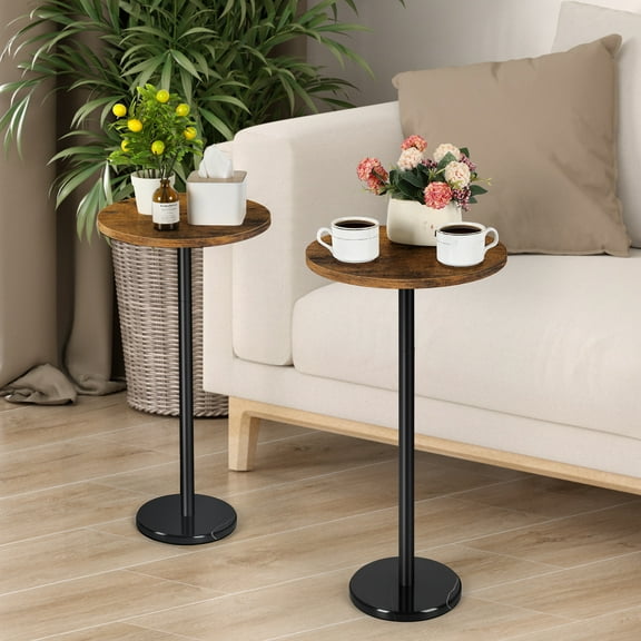 2pack Rustic Burned Wood Round Side Table with Black Sturdy Base Space-Saving End Table for Small Spaces