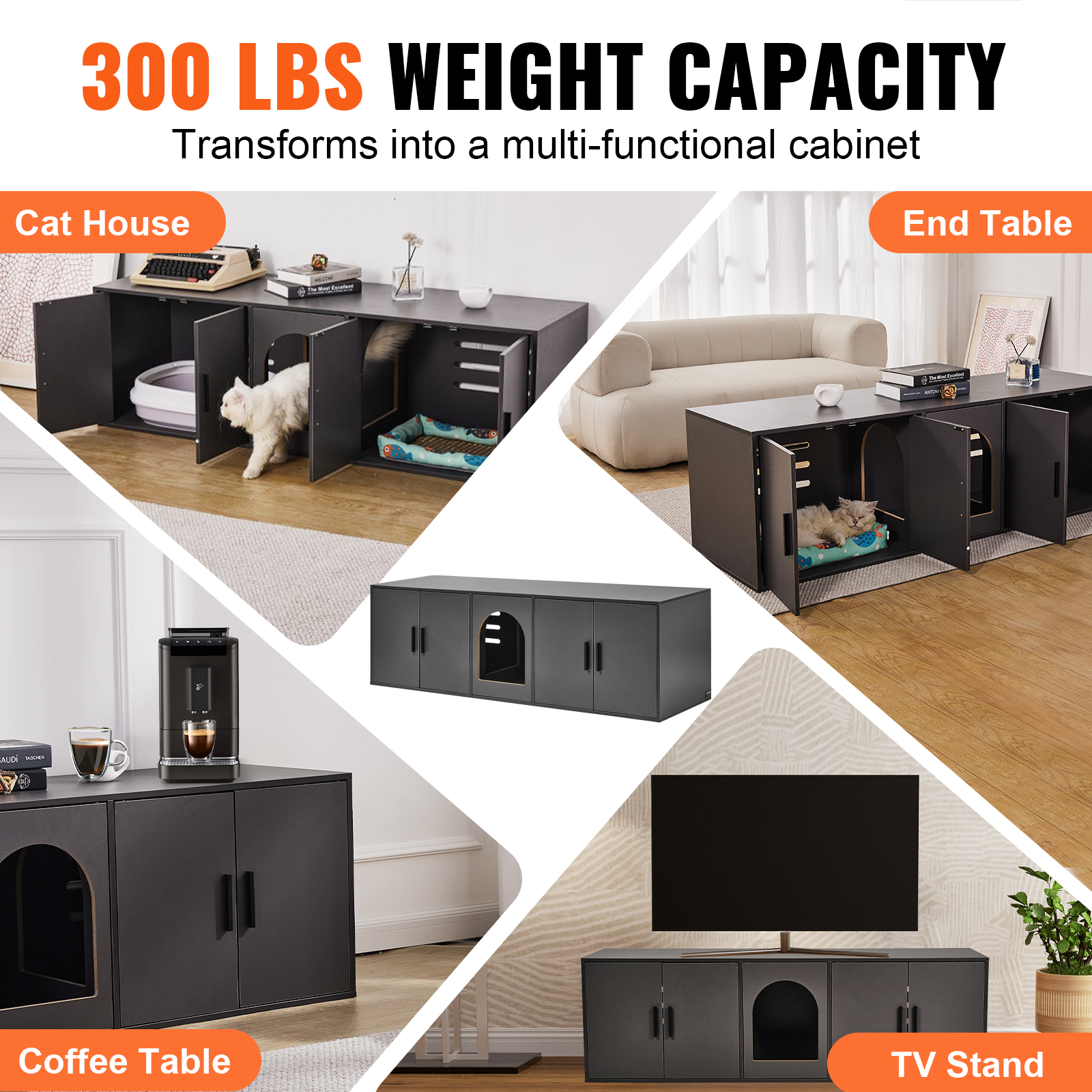 VEVOR Cat Litter Box Enclosure for 2 Cats, Litter Box Furniture Hidden with Double Rooms, Wooden Cat Box Cabinet Fit Most of Litter Box, 57.9"L x 18.3"W  x 17.9"H, Black