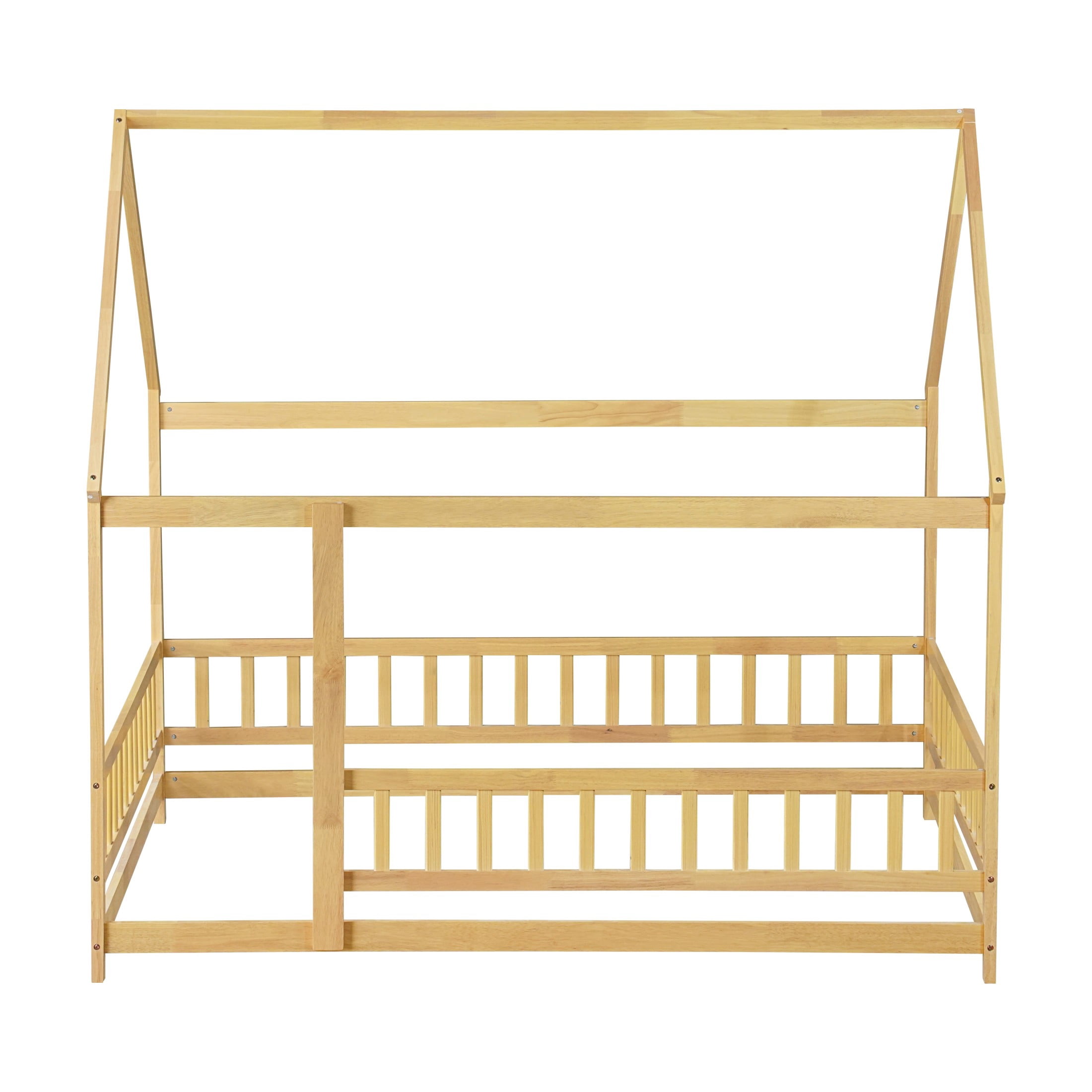 Noble House Travis Full House Floor Bed with Roof Frame and Safety Fence, Sturdy Wood Montessori Bed, Natural
