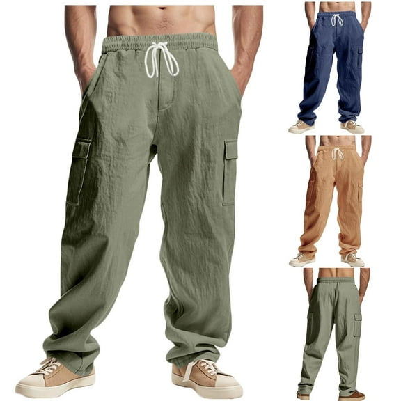 RYDCOT Linen Cargo Pants for Men Summer Casual Elastic Waist Pants with Pockets Relaxed Fit Beach Yoga Travel Lounge Pants Yellow