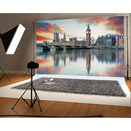 MOHome Polyster 7x5ft Photography Background Big Ben London City Night View Bridge Water Buildings Inverted Image Landscape Backdrop Children Baby Girls Family Photo Portrait Travel Wedding