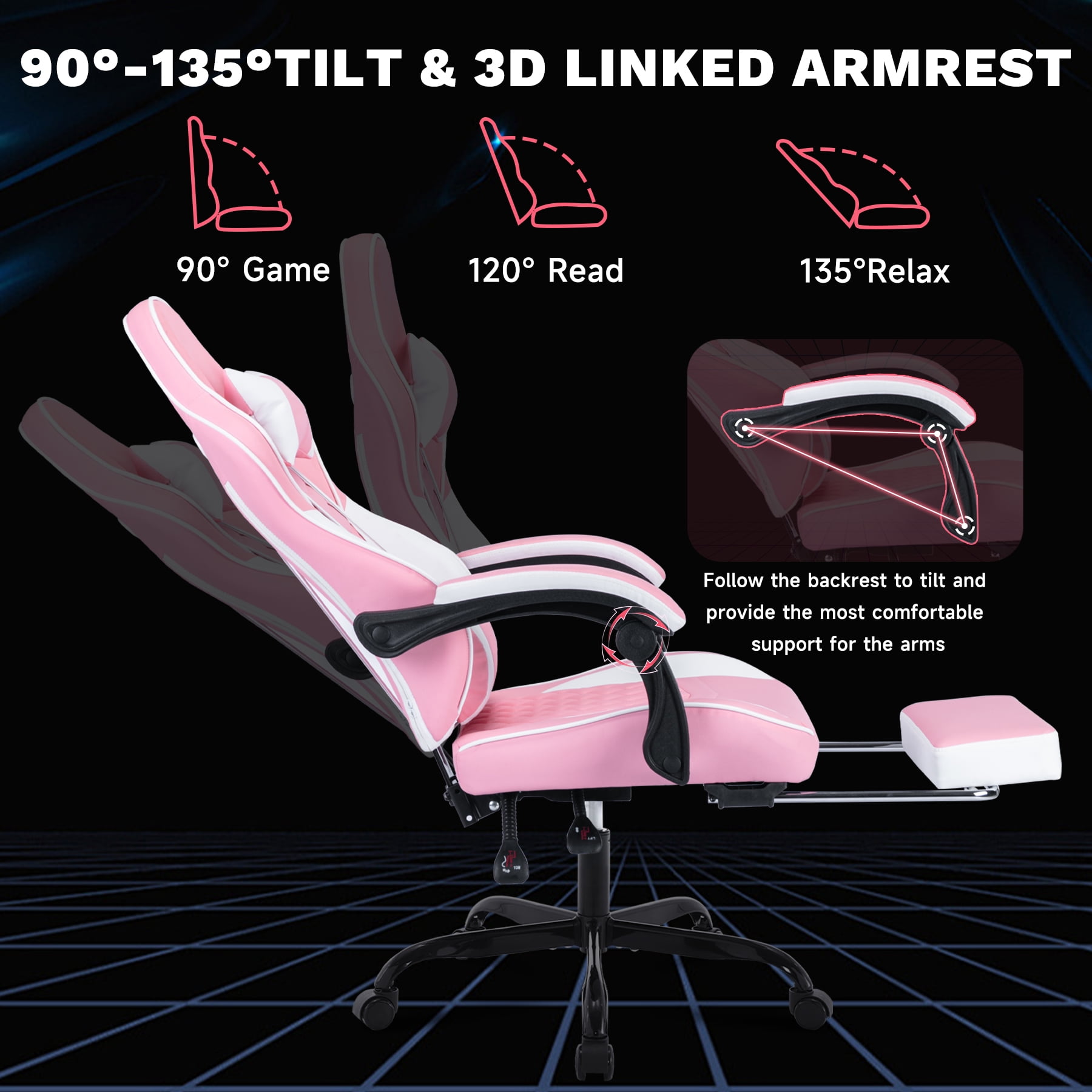 Ergonomic Gaming Chair with Massage Lumbar Support & Footrest, Racing Style Computer Chair with Adjustable Headrest for Home Office, Comfortable, Pink White