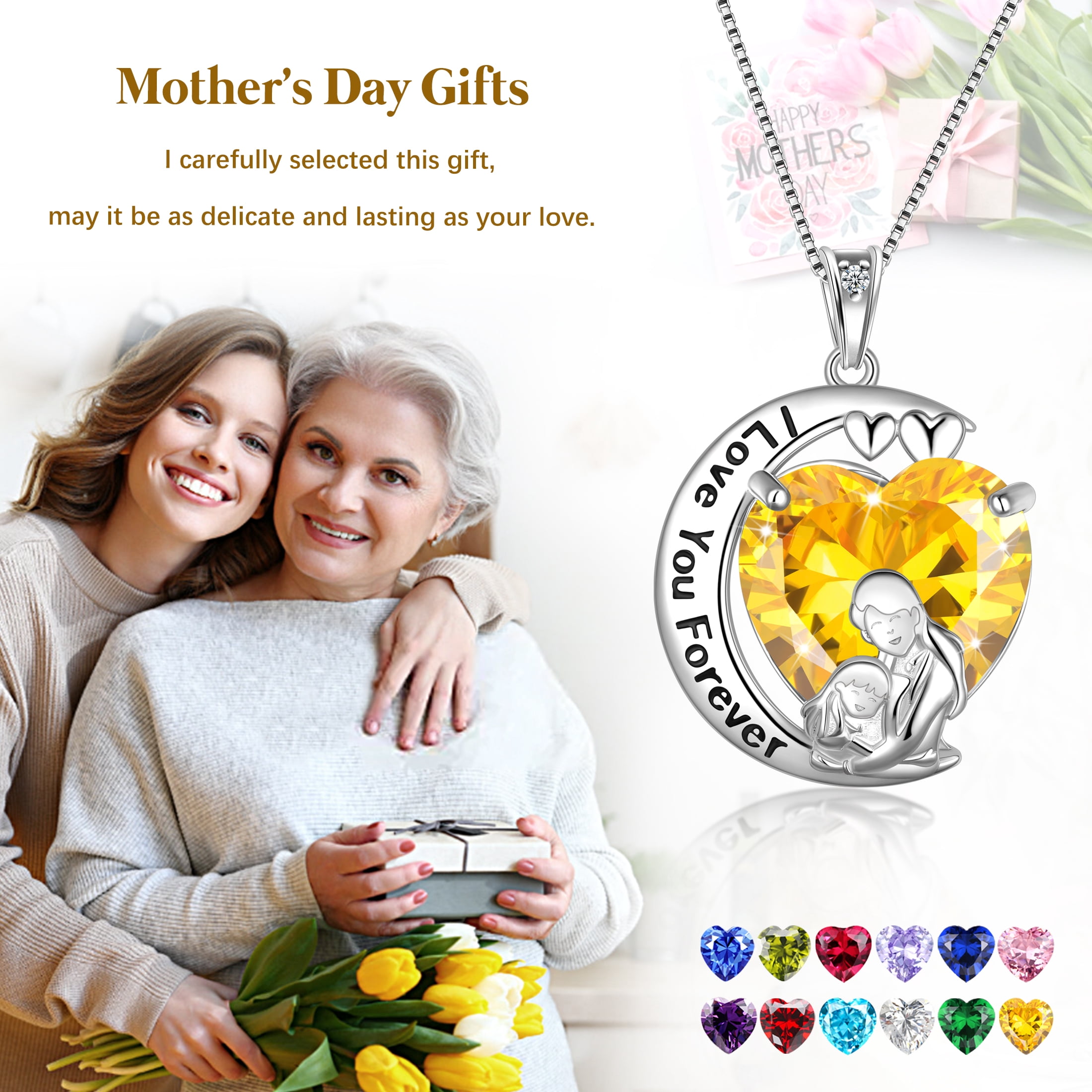 Juwaliy Moon Heart Mother Daughter Necklace 925 Sterling Silver Green Emerald May Birthstone Pendant Jewelry Women Mom Christmas Birthday Mother's Day Gift