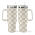 thumbnail image 2 of 40 oz Tumbler with Handle and Straw Lid | Vacuum Insulated Leak Proof Tumbler | Stainless Steel Water Bottle Cup Gifts for Dads Moms Women Men Him Her | Cream Checkered, 2 of 9