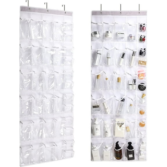 24 Clear Pockets, Over The Door Hanging Shoe Organizer, Closet Door Shoe Rack Holder, Storage and Organization for Shoes Socks Pantry, 64" x 19" (White)