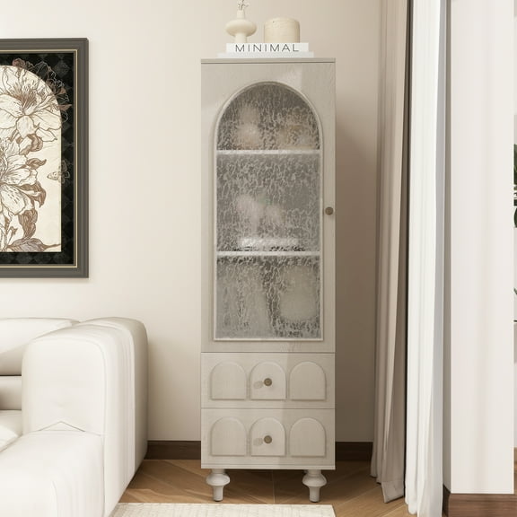 MDQMD White Storage Cabinet with 2 Drawers,63''Tall Floor Cabinet with Glass Door for Living Room,Modern Cabinet for Kitchen,Bathroom