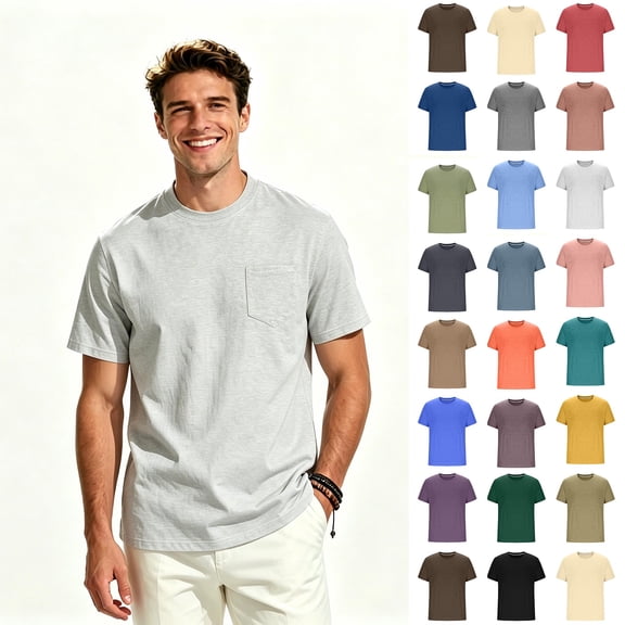 ClodeEU Men's Crew Neck Short Sleeve T-Shirt with Chest Pocket,Mens Regular Fit Everyday Layering Pocket Tee,Big and Tall Gray,Size S-4XL